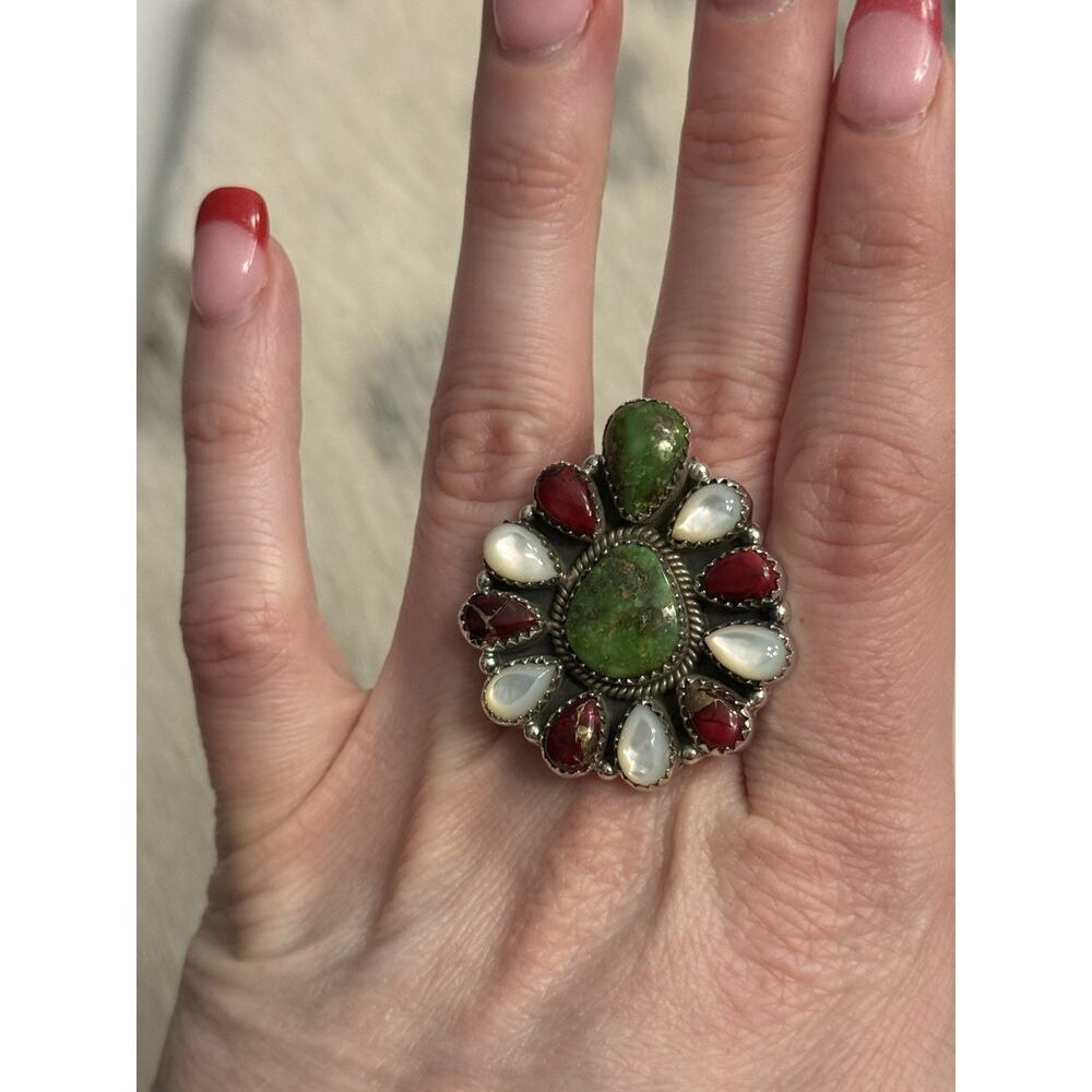 Sterling Silver Sonoran Gold Turquoise Red Dahlia MOP Huge Cluster Ring Adjust - Picture 11 of 14